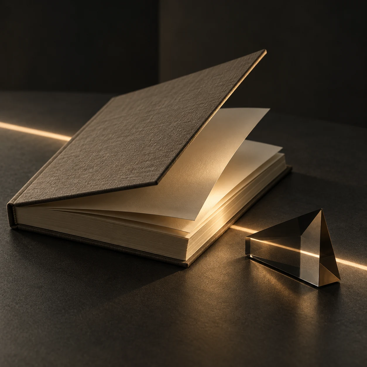 Livro aberto sob uma luz quente ao lado de um prisma de vidro sobre uma superfície escura
